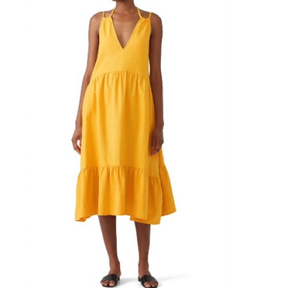 Anthropologie Yellow V-Neck Tiered Midi Dress